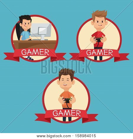 collection gamers devices playing banner blue backgroung vector illustration eps 10
