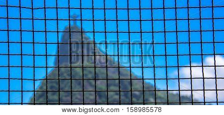 Square grid and blurry Corcovado mountain on the background. View from Mirante Dona Marta at the National Park of Tijuca, Rio de Janeiro, Brazil