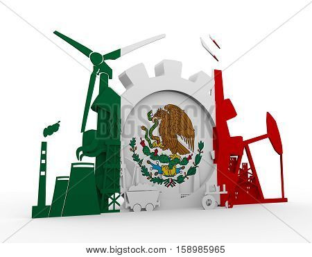 Energy and Power icons set with Mexico flag. Sustainable energy generation and heavy industry. 3D rendering.