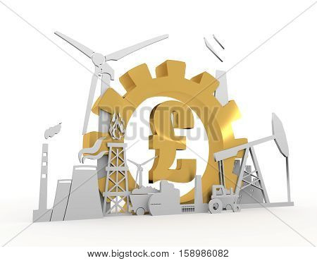 Energy and Power icons set on white backdrop. Sustainable energy generation and heavy industry. 3D rendering. Golden material Pound sign