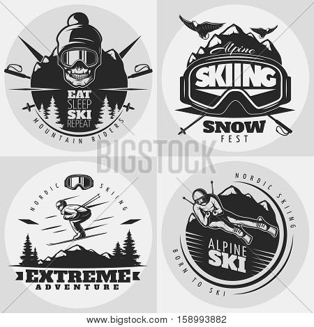 Monochrome isolated square composition with round emblems for extreme alpine skiing drawn in old school style vector illustration