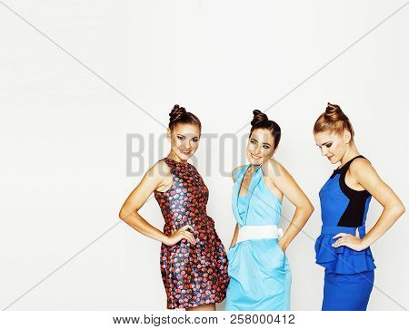 Many Girlfriends Hugging Celebration On White Background, Smilin