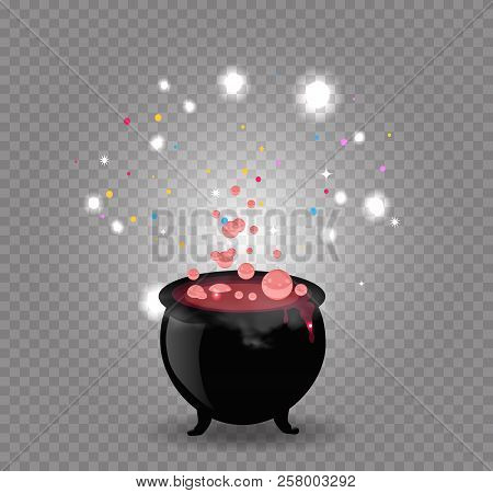Black Witch Pot Cauldron With Red Boiling Potion, Sparkles And Bubbles Isolated. Halloween Vector Il