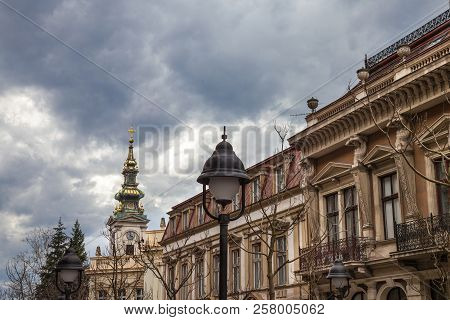 Saint Michael Cathedral, Also Known As Saborna Crkva, With Its Iconic Clocktower Seen From A Street 