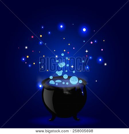Black Witch Pot Cauldron With Boiling Potion, Glowing Sparkles And Bubbles On Blue Background. Hallo