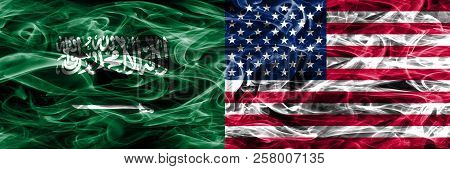 Saudi Arabia Vs United States Of America Smoke Flags Placed Side By Side. Thick Colored Silky Smoke 