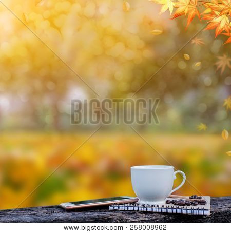 Hot Coffee In The Garden With Fall Background In Autumn Season