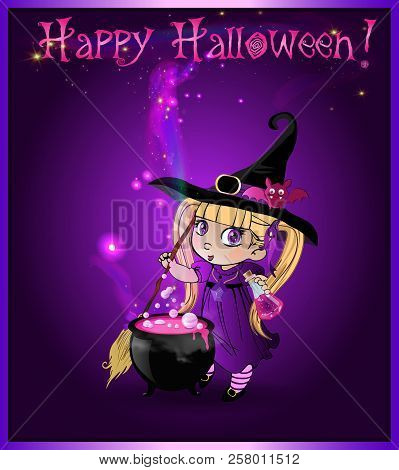 Happy Halloween Vector Greeting Card With Kawaii Anime Baby Witch Girl In Costume And Funny Bat On H