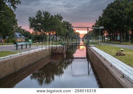 Appelscha, Netherlands - June 16, 2016: Old Working Sluice Or Lock Chamber In The Opsterlandsche Com