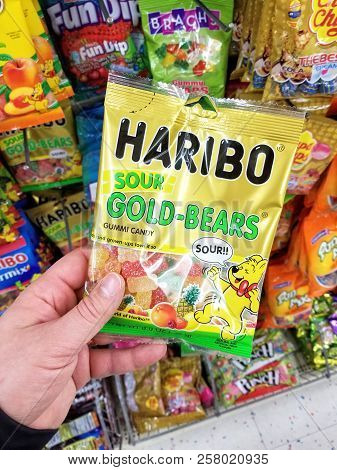 Plattsburgh, Usa - September 10, 2018: A Man Holding Haribo Sour Gold-bears . Haribo Is A German Con
