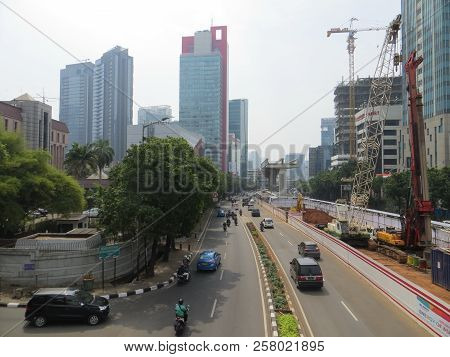 Jakarta, Indonesia - August 7, 2018: Jakarta Light Rail Transit (lrt) Construction Site In Kuningan 
