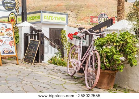 BETANCURIA, SPAIN - 19 FEBRUARY 2018: Small restaurants next to stone street in Betancuria, Fuerteventura, Canary Islands, Spain.