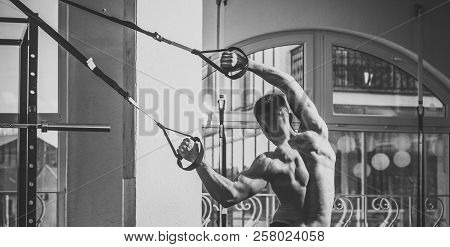 Sportsman, Athlete, Muscular Macho Does Exercise With Trx Loops, Window On Background. Man With Nude