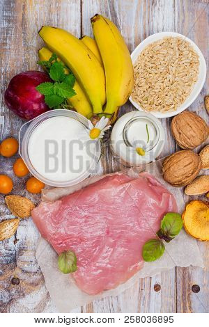 Best Food For Getting Sleep. Foods Rich Of Tryptophene And Melatonin. Healthy Nutrition Concept