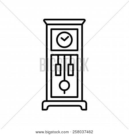 Vector Illustration Of Old Floor Clock. Line Icon Of Vintage Large Wooden Grandfahter Clock With Pen