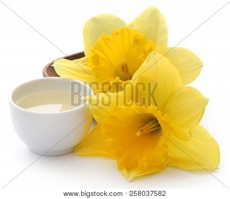 Flower Daffodil With Extract In A Bowl Over White Background