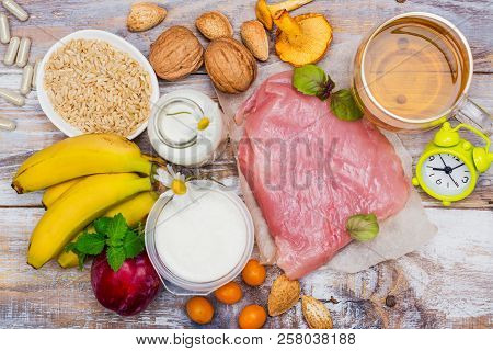 Best Food For Getting Sleep. Foods Rich Of Tryptophene And Melatonin. Healthy Nutrition Concept