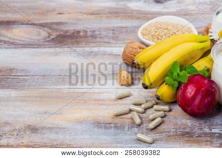 Best Food For Getting Sleep. Foods Rich Of Tryptophene And Melatonin. Healthy Nutrition Concept