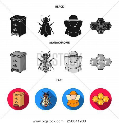 The Bee, The Bee-keeper In The Mask, The Honeycomb Of The Honey.apiary Set Collection Icons In Black