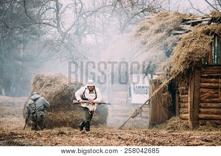 Rogachev, Belarus - February 25, 2017: Re-enactor Dressed As German Wehrmacht Infantry Soldier In Ww