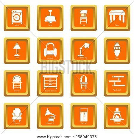 Interior Furniture Icons Set Orange Square Isolated On White Background