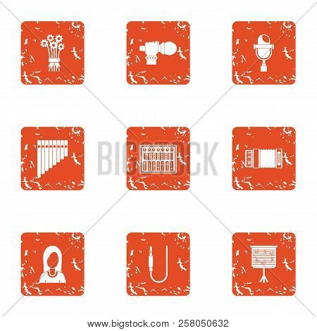 Preparation Of Concert Icons Set. Grunge Set Of 9 Preparation Of Concert Icons For Web Isolated On W