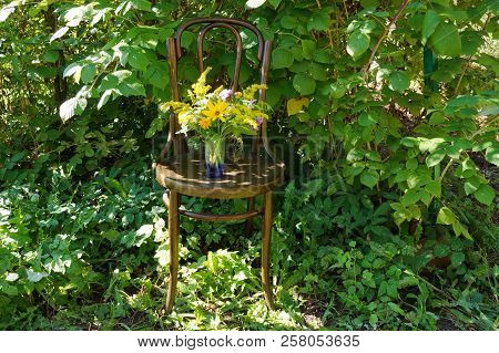Floral Background.yellow White Pink Orange Flowers Jerusalem Artichoke Mimosa Calendula Phlox On Blu