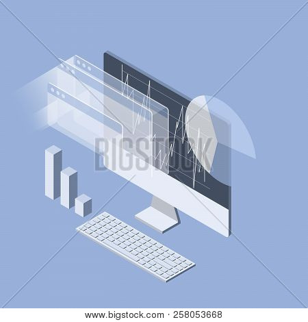 Stock Market Analytics Isometric Icon - Data Statisics And Trading Research
