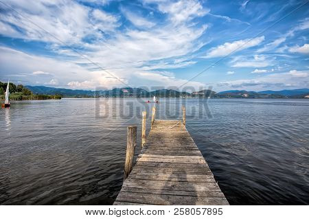 Wood Pier In Torre Del Lago Puccini, Pisa, Tuscany, Italy