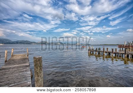 Wood Pier In Torre Del Lago Puccini, Pisa, Tuscany, Italy