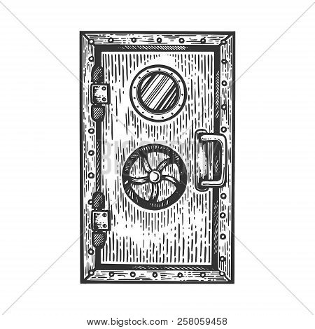 Bunker Door Engraving Vector Illustration. Scratch Board Style Imitation. Black And White Hand Drawn
