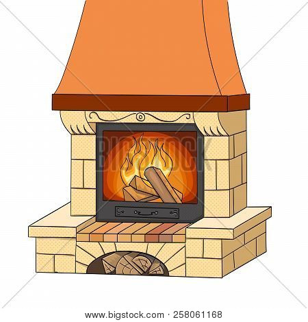 Object On White Background Raster. A Brick Fireplace Burns A Tree. Works And Heats. The Background I