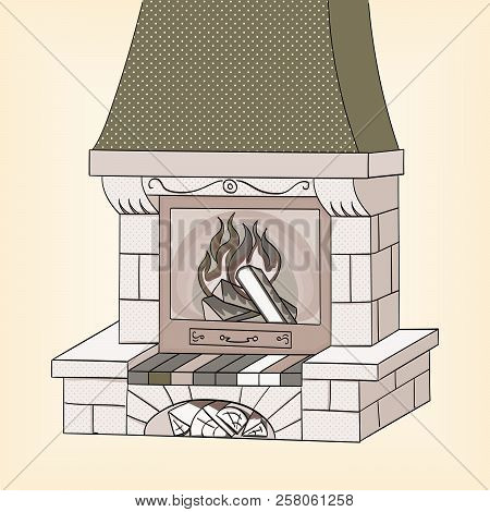 Object On White Background Raster. Shades Of Gray. A Brick Fireplace Burns A Tree. Works And Heats. 