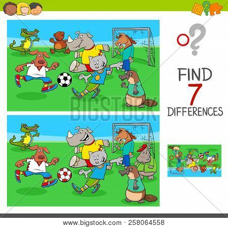 Find Differences Game With Animals Playing Soccer