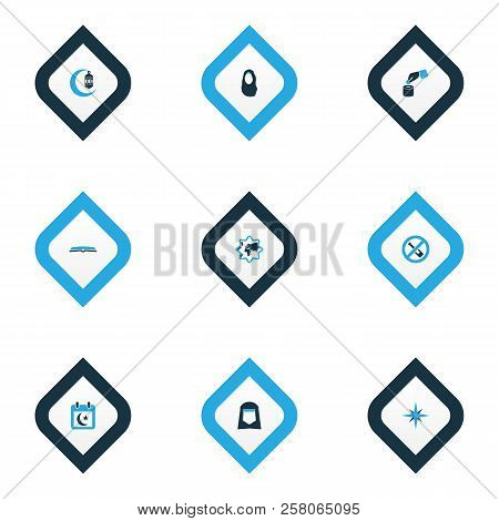 Religion Icons Colored Set With Calendar, Scripture, Islamic And Other Date Elements. Isolated  Illu