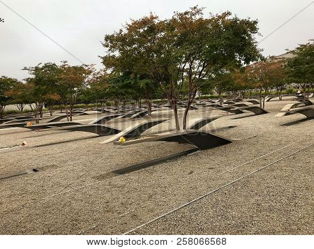 Arlington, Virginia, Usa - September 11 2018: Benches Serve As An Outdoor Memorial For The 184 Peopl