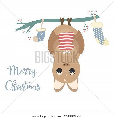 Merry Chrostmas Card With Cute Bat And Text