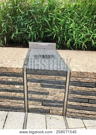 Arlington, Virginia, Usa - September 11 2018: Year Line Marker At Pentagon Memorial Marking The Line