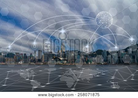 Communication Network With Multichannel Omni Channel Of Hong Kong Cityscape River Side In The Aftern