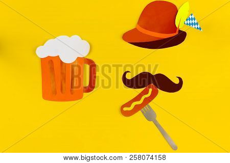 Germany Face Silhouette With Bavarian Brown Hat, Mustache Eating Sousage With Mustard On Fork With H
