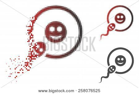 Happy Sperm Insemination Icon In Dispersed, Pixelated Halftone And Undamaged Solid Versions. Pixels 