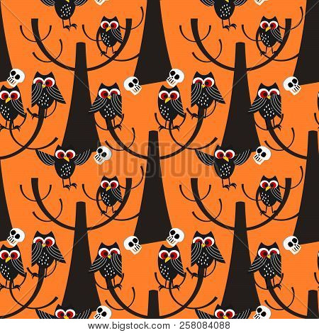 Halloween Owl And Skull In The Foreat Background. Horror Halloween Seamless Pattern.