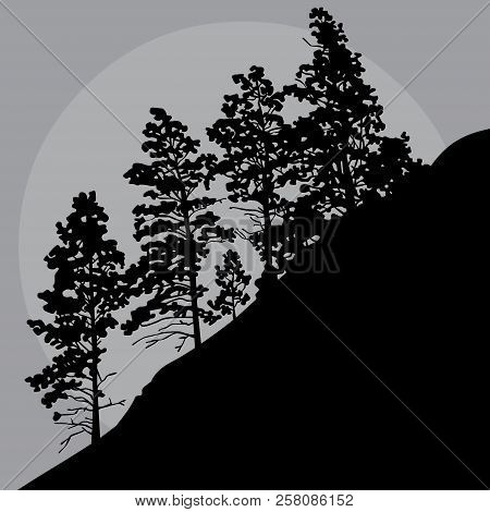 Painted Silhouette Of Trees On Mountainside In A Gray Sky