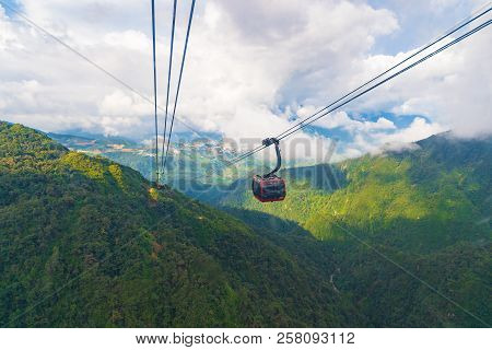 Cable Car In The Middle Of The Valley, Fog In Cloud Background Of Country In Fansipan Mountain Sapa 