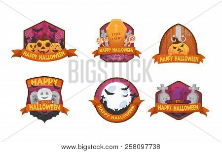 Set Of Cartoon Style Happy Halloween Labels And Budges.with Pumpkin Heads. Old Scary  Medieval Doors