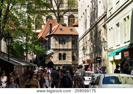 Prague, Czech Republic - April 21 2018: People Walk In Front Of The Klausen Synagogue, Largest In Fo