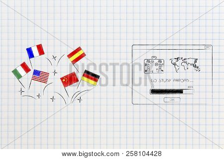 Studying Foreign Languages Conceptual Illustration: Country Flags Next To Go Study Abroad Pop-up Mes