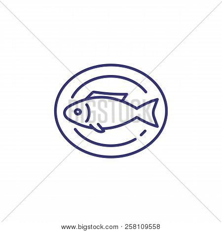 Cooked Fish On Plate Line Icon. Roast Fish, Dinner, Seafood. Restaurant Concept. Vector Illustration