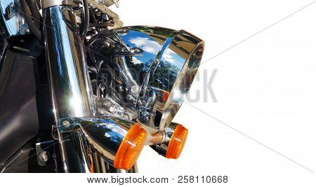 Close-up On The Front Of The Motorcycle: Reflector And Blinkers.