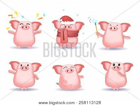 Funny Cute Pig Character Set With Different Poses, Emotions, Gestures. Parts Of Santa Hat, Scarf, Sn